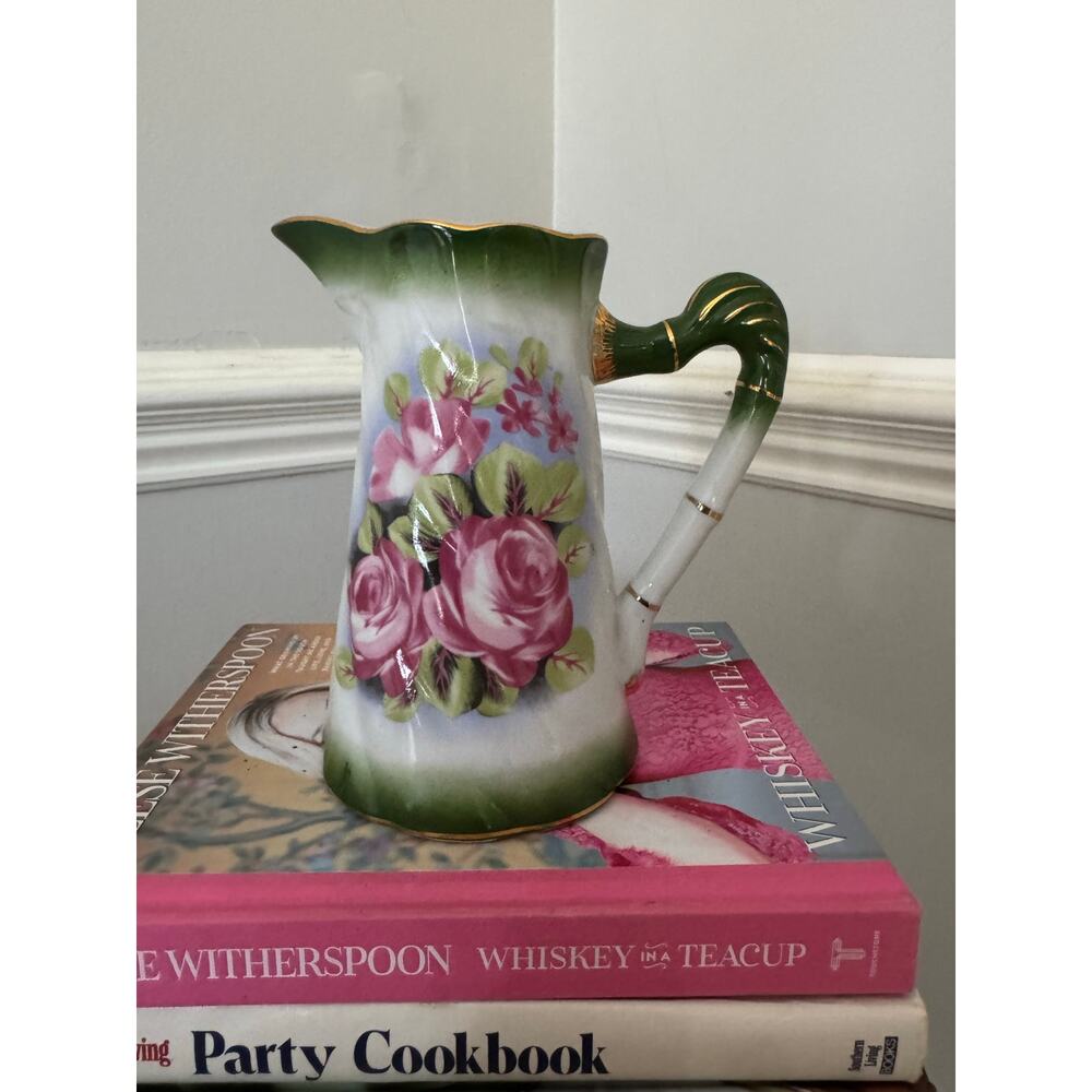 Vintage Hand Painted Floral Pitcher Pink Roses Green Gold Trim Scalloped Rim 7”